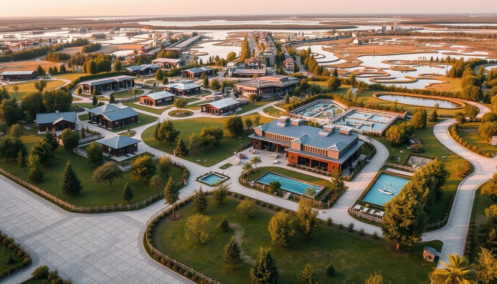 A sweeping view of the expansive "Zabirie" fish park complex, showcasing its robust and well-designed infrastructure. In the foreground, neatly paved walkways and manicured greenery create a serene and inviting atmosphere. The middle ground features modern, well-equipped facilities - from cozy cabins and dining areas to educational centers and research labs, all seamlessly integrated into the natural landscape. In the background, a network of interconnected waterways and aquatic habitats teem with diverse fish species, complementing the park's scientific and recreational offerings. Warm, diffused lighting illuminates the scene, enhancing the sense of tranquility and harmony between the man-made and natural elements. The overall composition conveys a vision of a thoughtfully designed, sustainable infrastructure that enhances the visitor experience and supports the park's scientific and environmental objectives.
