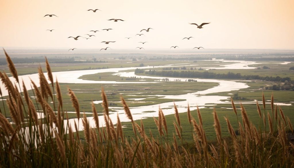 A sweeping vista of the Dnieper River delta, its tranquil waters meandering through lush wetlands. In the foreground, reeds sway gently in the breeze, their soft, earthy tones contrasting with the shimmering surface of the river. Migratory birds soar overhead, their graceful silhouettes framed against a hazy, golden sky. The middle ground reveals a patchwork of verdant marshes and shallow channels, dotted with the occasional fishing boat or traditional wooden structure. In the distance, the horizon blurs into a tapestry of rolling hills and forests, hinting at the broader ecological and cultural significance of this remarkable delta region.