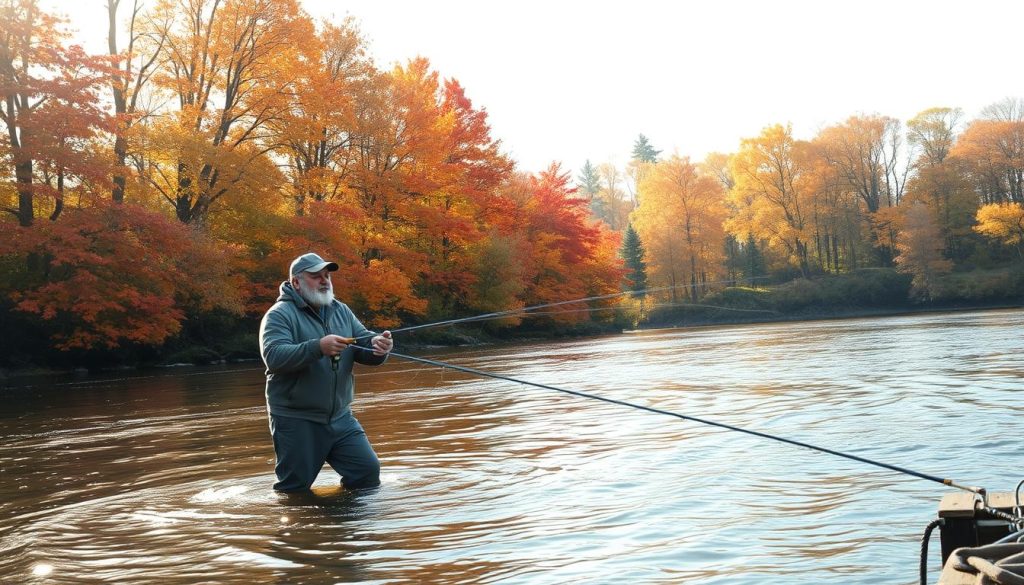 A tranquil autumn fishing scene unfolds: A lone fisherman stands knee-deep in a serene river, casting his line into the cool, gently flowing waters. Vibrant hues of orange, red, and yellow leaves adorn the trees lining the riverbank, creating a picturesque natural backdrop. Soft, diffused sunlight filters through the canopy, casting a warm, golden glow over the serene setting. The fisherman's weathered face is focused, his movements calm and methodical, reflecting the peaceful rhythm of the autumn day. In the distance, a wooden dock juts out into the river, hinting at the lure of the season's final catch before the long winter ahead.