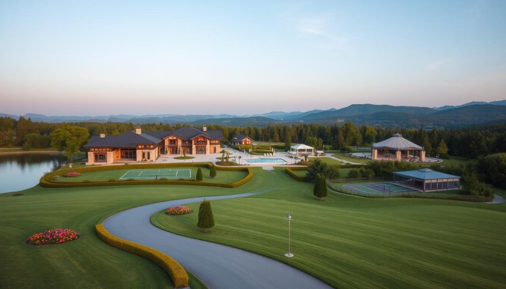 A tranquil countryside landscape with a sprawling modern country estate nestled amidst lush greenery. The complex features elegant architecture with clean lines, warm wooden accents, and large windows overlooking well-manicured gardens and a serene lake. In the foreground, a winding path leads to the main entrance, flanked by decorative hedges and blooming flowerbeds. The middle ground showcases various leisure amenities like a swimming pool, a tennis court, and a spacious event pavilion. The background depicts rolling hills, dense forests, and a clear blue sky with soft, diffused lighting, creating a peaceful, idyllic atmosphere perfect for a relaxing getaway or an unforgettable event.