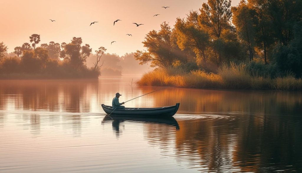 A tranquil fishing scene in the lush Danube Delta, Ukraine. A small wooden boat drifts on the calm, mirror-like waters, its occupant patiently casting a line. Towering reeds sway gently in the breeze, their reflection rippling across the surface. Sunlight filters through the trees lining the banks, casting a warm, golden glow over the serene landscape. In the distance, the silhouettes of birds soar overhead, adding to the peaceful ambiance. The setting evokes a sense of timelessness, where the rhythm of nature and the art of fishing come together in perfect harmony.