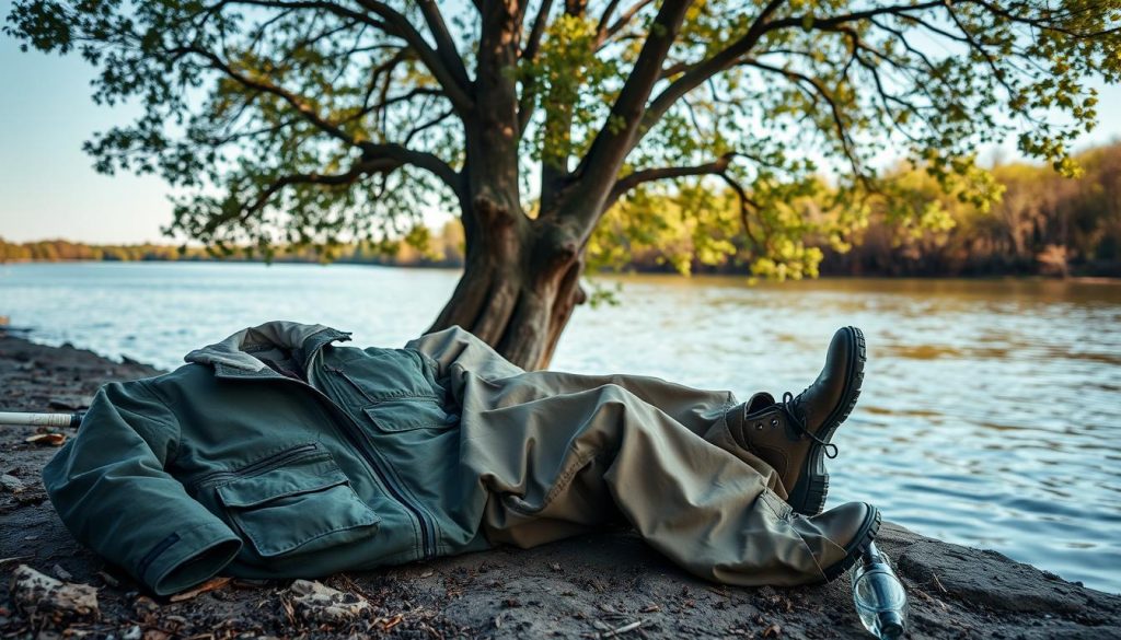 A tranquil fishing scene, set against a backdrop of a serene river bank. In the foreground, a collection of high-quality fishing attire lays neatly arranged: a sturdy, water-resistant jacket with ample pockets, durable wading pants in a muted earth tone, and a pair of comfortable, non-slip boots. The middle ground features a mature, leafy tree casting a gentle, natural shadow over the scene, while the background showcases the calm, glimmering waters of the river, inviting the viewer to imagine a peaceful day spent by the water's edge. The overall mood is one of calm, functionality, and a deep appreciation for the natural world.