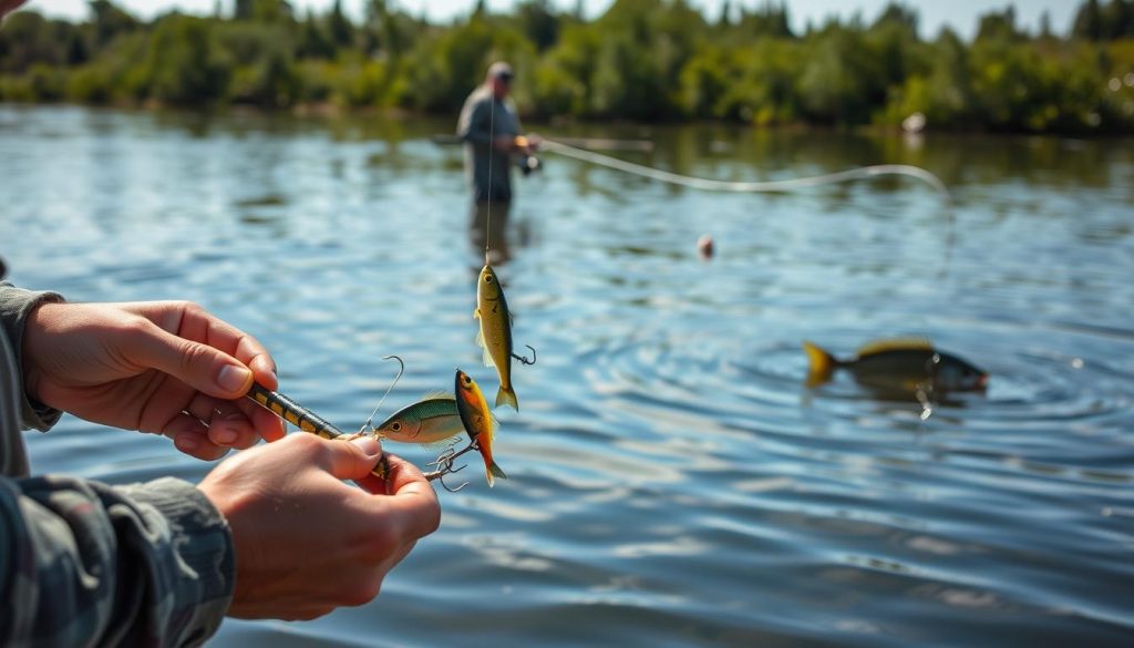 A tranquil fishing scene unfolds, showcasing the art of blending diverse lure techniques. In the foreground, a skilled angler's hands skillfully tie on a variety of soft plastics, swimbaits, and topwater baits, each chosen to entice a different species of fish. The middle ground reveals the angler carefully maneuvering the rod, experimenting with varied retrieves and pauses, as the lures dance across the gently rippling surface. In the background, a serene lake or river setting provides the perfect canvas, with lush vegetation, reflecting light, and a calming atmosphere that invites the viewer to immerse themselves in the meditative practice of adaptive fishing.