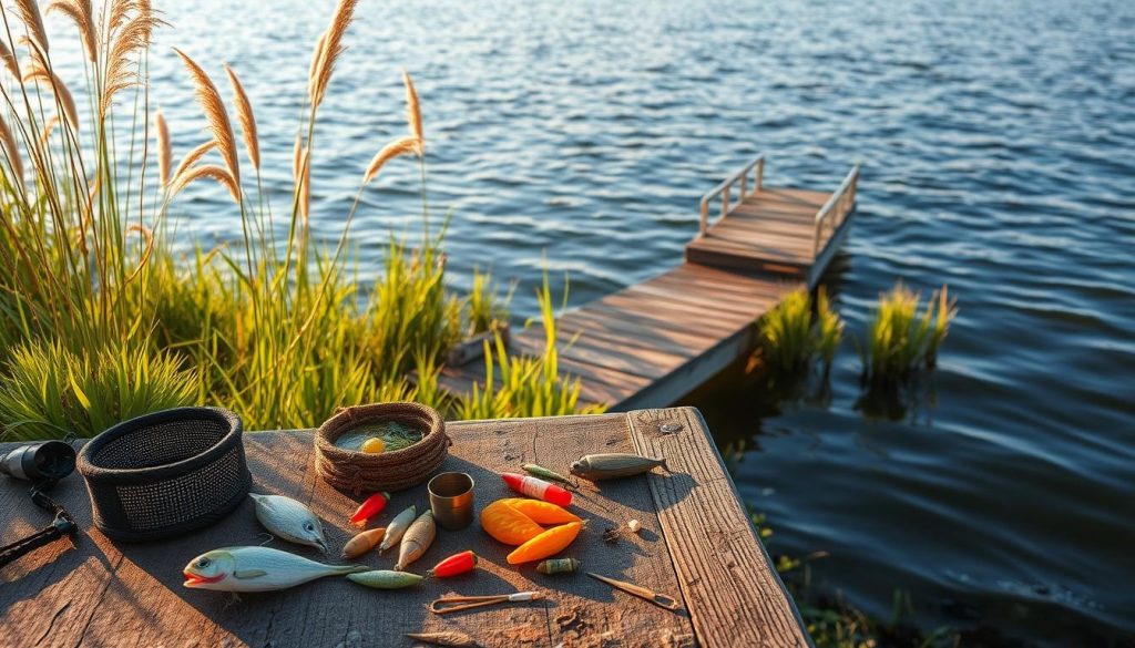 A tranquil fishing spot nestled along a serene riverbank, the surface of the water gently rippling. In the foreground, a carefully arranged bait station with various baits and attractants, meticulously placed to lure in the elusive catch. The middle ground features a weathered wooden dock, its planks worn by years of use, extending gracefully into the water. Tall, swaying grasses and lush foliage line the riverbank, creating a natural and inviting backdrop. The scene is bathed in warm, golden afternoon light, casting a serene and contemplative atmosphere. The overall composition emphasizes the importance of precise bait placement and attention to detail in crafting the perfect fishing environment.