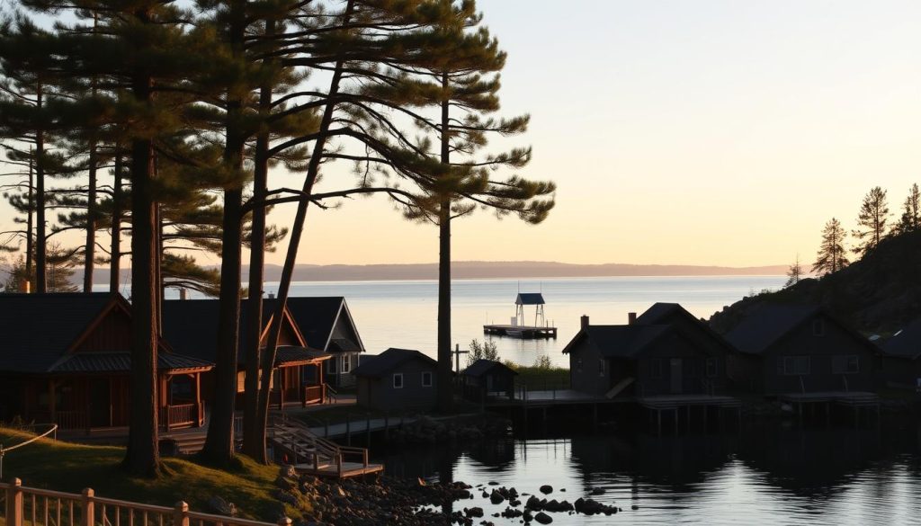 A tranquil fishing village nestled on the banks of a serene lake, dotted with charming wooden cottages with pointed roofs and quaint porches. The calm waters reflect the warm hues of the sunset, casting a soft, golden glow over the scene. Tall pine trees sway gently in the breeze, their branches casting gentle shadows across the landscape. In the distance, a small pier juts out into the water, inviting visitors to cast their lines and enjoy the peaceful solitude of this picturesque retreat. The overall atmosphere evokes a sense of rustic charm and the simple pleasures of life by the water.