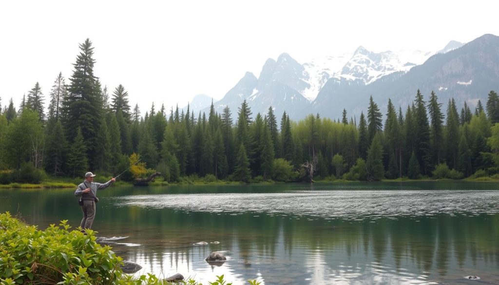A tranquil forest landscape with a serene lake, showcasing the minimization of environmental impact. In the foreground, a fisherman gracefully casts his line, his movements fluid and respectful of the delicate ecosystem. The middle ground features lush greenery, with diverse native flora and fauna coexisting harmoniously. In the background, towering mountains rise, their peaks capped with pristine snow, symbolizing the untouched natural beauty. The lighting is soft and diffused, creating a calming ambiance. The scene is captured through a wide-angle lens, emphasizing the vastness and interconnectedness of the environment. The overall mood is one of balance, sustainability, and a deep appreciation for the fragile equilibrium of the ecosystem.