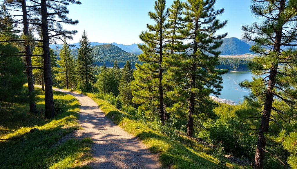 A tranquil hiking trail winds through a picturesque landscape along the banks of the Dniester River in the Khmilnytskyi region. Towering pine trees line the path, their needles casting dappled shadows on the well-worn trail. In the distance, rolling hills covered in lush greenery form a natural amphitheater, creating a serene and inviting atmosphere. The river glistens in the soft, golden light of the afternoon sun, its gentle currents beckoning visitors to pause and take in the breathtaking scenery. Hikers and nature enthusiasts explore this captivating region, immersed in the beauty of the unspoiled wilderness and the rich cultural heritage of the area.