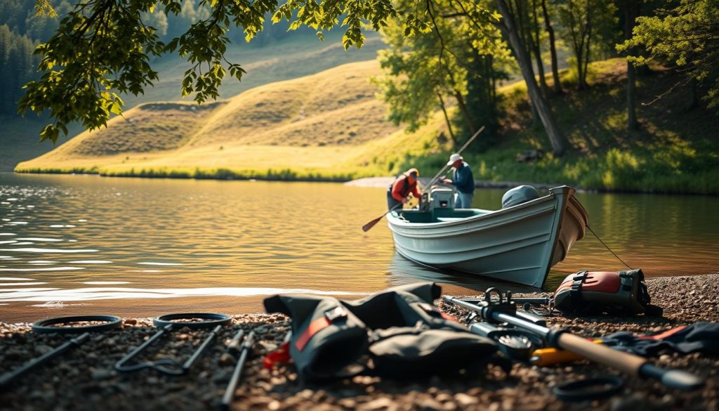A tranquil lake shore with a small fishing boat moored at the water's edge. In the foreground, a life jacket and fishing gear lie neatly arranged, conveying the importance of safety. The middle ground features a group of anglers carefully checking their equipment and securing the boat. In the background, a gentle slope with lush greenery frames the scene, creating a serene and inviting atmosphere. Warm sunlight filters through the trees, casting a soft glow over the entire composition. The image should inspire a sense of peaceful exploration and responsible enjoyment of the natural environment.