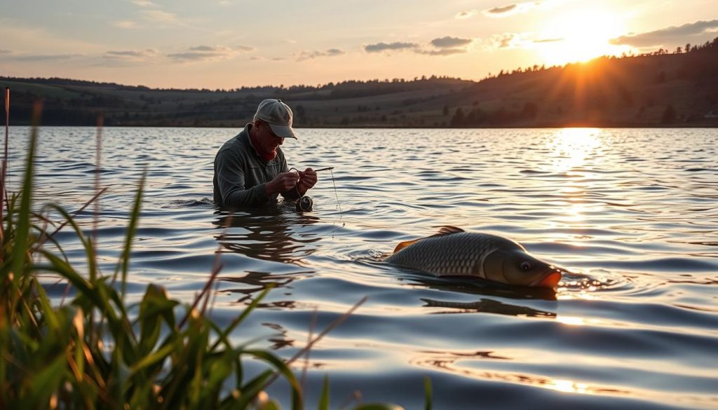 A tranquil lake surrounded by lush vegetation, the rippling surface reflecting the warm glow of the setting sun. In the foreground, a seasoned angler carefully baits his hook, his eyes scanning the water for the telltale signs of a carp's movement. The middle ground features diverse fishing strategies, with submerged traps, floating feeders, and specialized rigs to target carp in different depth and current conditions. In the background, a picturesque landscape unfolds, with rolling hills and the silhouettes of distant trees. The scene conveys a sense of patience, skill, and a deep connection with the natural world, as the angler seeks to outsmart the wary carp in its element.