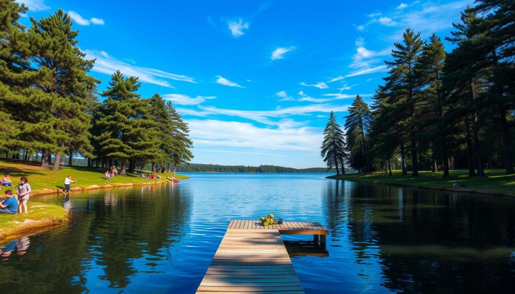 A tranquil lakeside scene at Lake Mikhailyna in the Kyiv region of Ukraine. Fishermen cast their lines into the calm, mirror-like waters, while families relax on the grassy shores, taking in the picturesque landscape. Towering pine trees line the banks, casting soft, dappled shadows. The sky is a brilliant azure, with wispy clouds drifting overhead. A small wooden dock extends into the lake, inviting visitors to step out and enjoy the serenity. The overall atmosphere is one of peaceful relaxation and outdoor recreation, capturing the essence of a perfect day of fishing and leisure at this beautiful natural wonder.