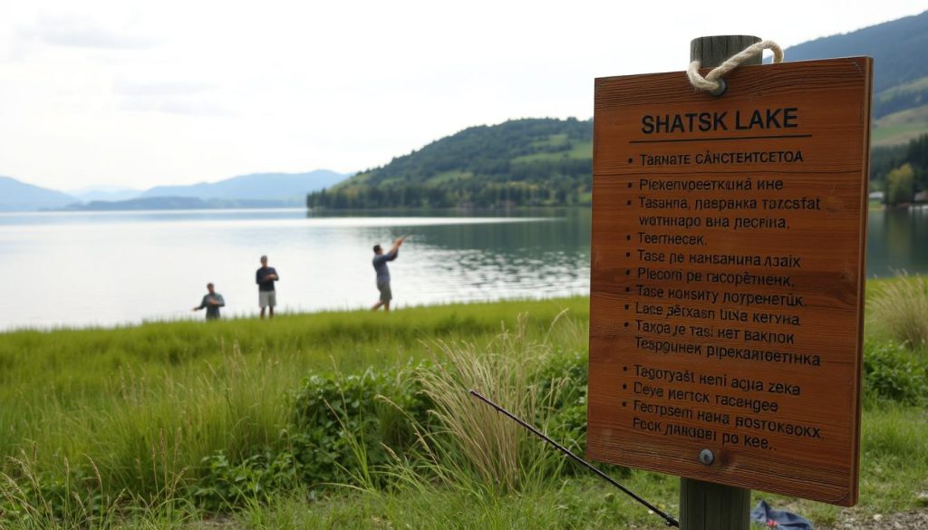 A tranquil lakeside scene depicting the rules and regulations for fishing on the Shatsk Lakes. In the foreground, a weathered wooden sign outlines the local fishing guidelines in Cyrillic text. In the middle ground, anglers can be seen casting their lines into the calm, reflective waters, surrounded by a lush, verdant shoreline. The background features a panoramic view of the picturesque lake, with gently rolling hills and a soft, overcast sky providing a serene atmosphere. The lighting is natural and diffused, creating a sense of peace and contemplation. The overall composition conveys the importance of responsible fishing practices in this idyllic natural setting.