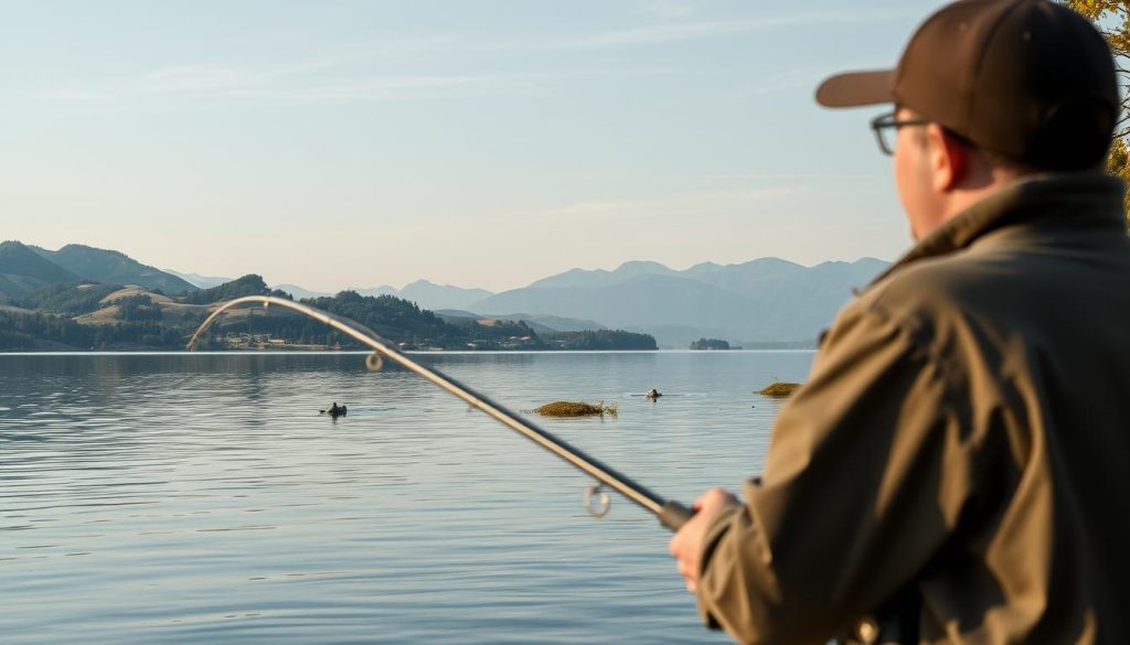 A tranquil lakeside scene in the heart of Ukraine, showcasing the diverse fishing experiences across its various regions. In the foreground, a seasoned angler casts their line into the still waters, patiently waiting for a prized catch. The middle ground features a picturesque landscape, with rolling hills and lush vegetation surrounding the lake, hinting at the natural beauty that draws fishermen to this country. In the background, the silhouettes of distant mountains create a serene backdrop, suggesting the varied terrain that defines the different fishing destinations. Soft, warm lighting bathes the scene, evoking a sense of peaceful contemplation and the joy of the outdoor pursuits. A wide-angle lens captures the expansive, yet intimate, nature of this quintessential Ukrainian fishing experience.