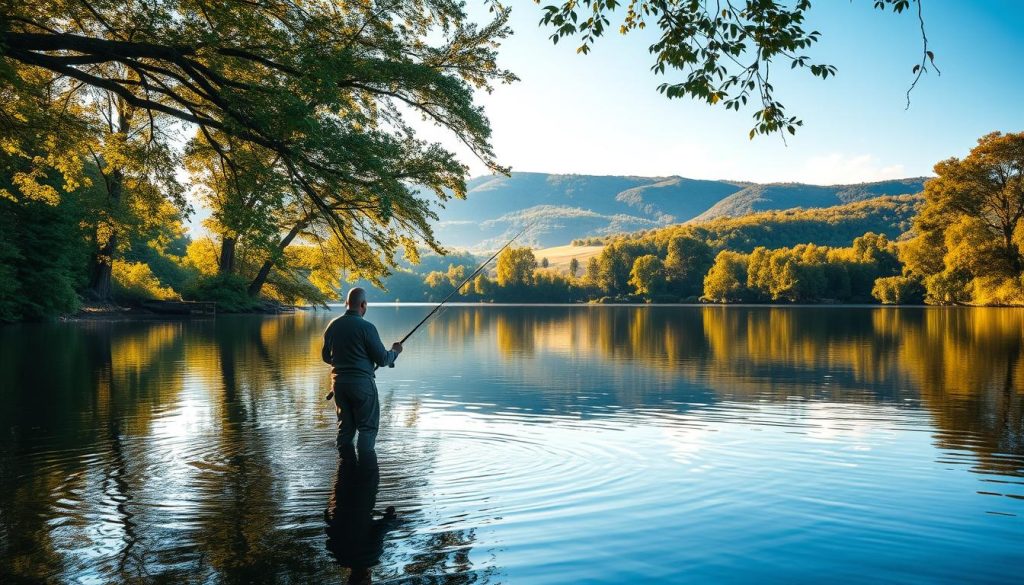 A tranquil lakeside scene in the picturesque Kyiv region, Ukraine. A fisherman stands knee-deep in the calm, reflecting waters, his fishing rod poised, ready to reel in the catch of the day. The surrounding landscape is lush with verdant foliage, towering trees casting gentle shadows on the serene surface. Warm, golden sunlight filters through the canopy, illuminating the serene atmosphere. In the distance, rolling hills and a clear, azure sky create a peaceful, idyllic setting, perfect for a day of relaxation and fishing.
