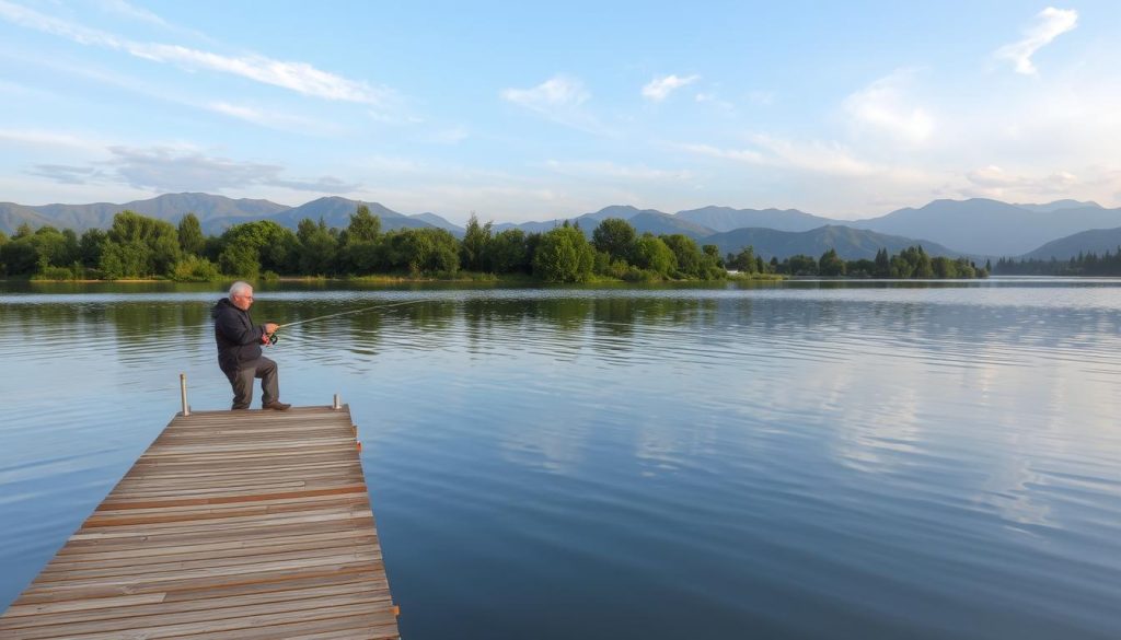 A tranquil lakeside scene in Ukraine, with a fisherman casting his line into the calm, reflected waters. In the foreground, a wooden dock extends out over the lake, inviting visitors to step out and try their luck. The middle ground features lush, verdant trees and shrubs lining the shore, creating a serene, natural backdrop. In the distance, rolling hills and mountains rise up, their peaks touched by soft, diffused sunlight filtering through wispy clouds. The overall mood is one of peaceful solitude, a picturesque destination for those seeking the perfect fishing spot.