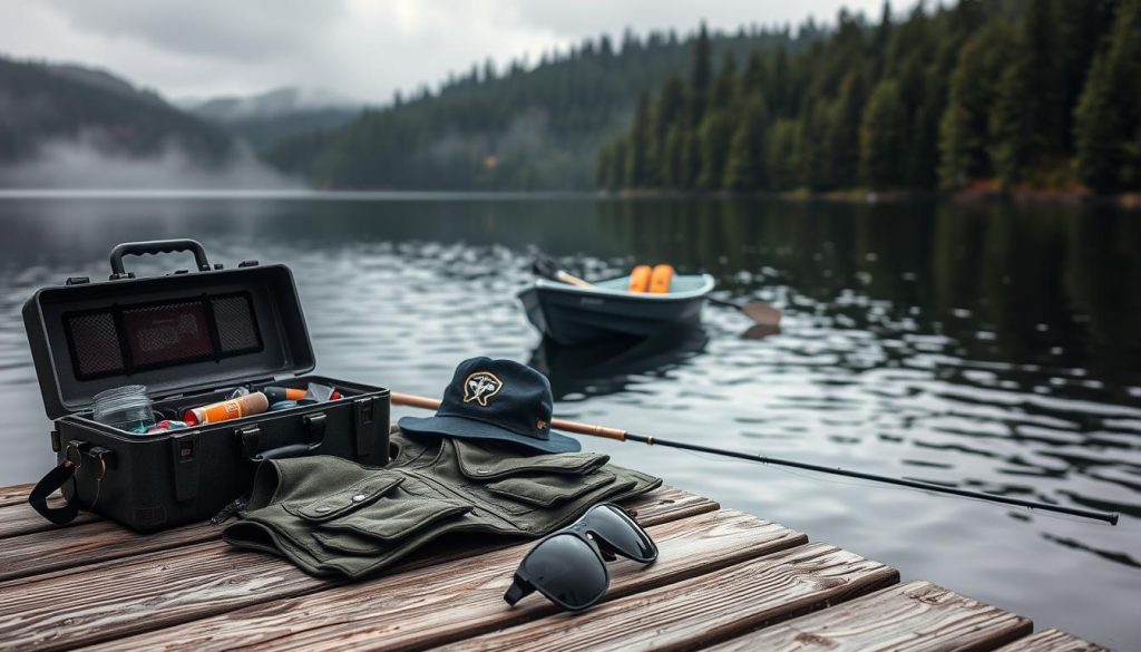 A tranquil lakeside scene on an overcast afternoon, with a well-stocked tackle box and fishing rod resting on a weathered wooden dock. In the foreground, a fisherman's vest, hat, and sunglasses lie neatly arranged, ready for the adventure ahead. The middle ground features a small boat gently bobbing on the still waters, its oars and life jackets at the ready. In the background, a lush forest of evergreens frames the serene landscape, creating a sense of peaceful isolation. The lighting is soft and diffused, casting a contemplative mood over the entire composition.