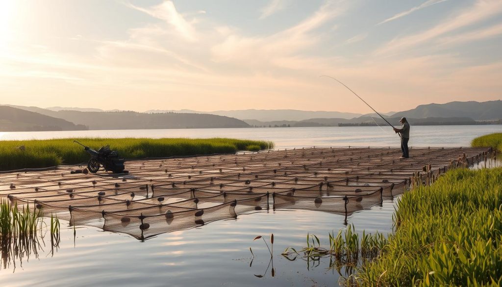 A tranquil lakeside scene showcasing the balance between fishing and aquaculture. In the foreground, a fisherman casts his line, patiently waiting for a catch. Nearby, a floating fish farm with neatly arranged net pens, where various species of freshwater fish are being sustainably cultivated. The middle ground features lush green shores dotted with reeds and cattails, creating a natural, pristine environment. In the background, rolling hills and distant mountains provide a scenic backdrop, bathed in warm, golden sunlight filtering through wispy clouds. The overall atmosphere conveys a sense of harmony between traditional fishing practices and modern aquaculture, highlighting the delicate equilibrium needed to preserve Ukraine's unique aquatic biodiversity.