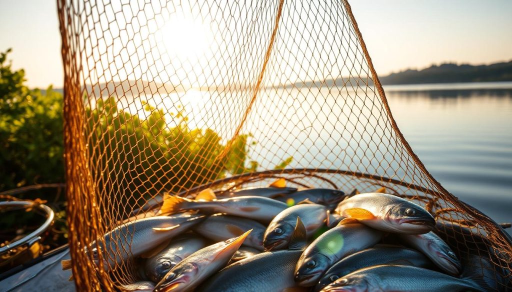 A tranquil lakeside scene, the sun's golden rays filtering through the water's surface. In the foreground, a fisherman's net gently sways, its intricate webbing casting mesmerizing patterns of light and shadow. Surrounding the net, a vibrant array of freshly caught fish – their scales shimmering with iridescent hues. In the middle ground, the shoreline is dotted with verdant foliage, creating a lush, natural backdrop. The background showcases the vast expanse of the lake, its smooth surface reflecting the surrounding landscape in a serene, mirror-like fashion. The overall atmosphere exudes a sense of calm and abundance, highlighting the advantages of using high-quality fishing nets to sustainably harvest nature's bounty.