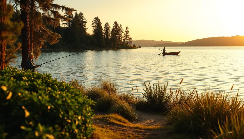 A tranquil lakeside scene, with a fisherman casting a line from the shore, the water's surface gently rippled by a gentle breeze. In the distance, a small wooden boat drifts lazily, its occupant patiently waiting for a bite. The warm, golden light of the setting sun casts a soft glow over the entire landscape, creating a sense of peaceful serenity. The foreground is dominated by lush, verdant foliage, while the middle ground features a well-worn path leading down to the water's edge. In the background, towering pine trees frame the scene, their branches swaying softly in the breeze. The overall mood is one of relaxation and natural harmony, perfectly capturing the essence of shore and boat fishing.