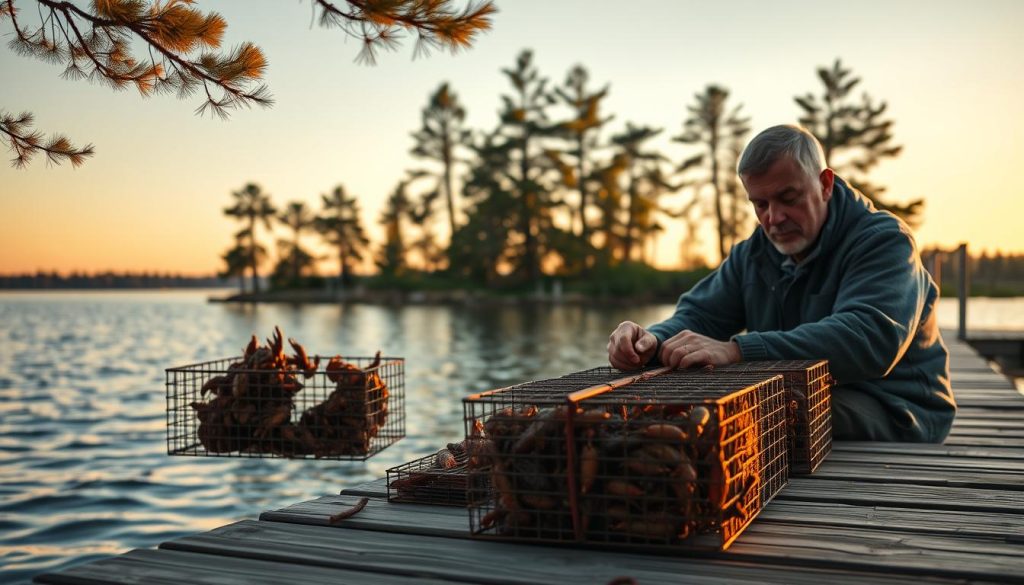 A tranquil lakeside scene, with a fisherman meticulously setting up his crayfish traps. The water's surface reflects the golden hues of the setting sun, casting a warm, inviting glow. In the foreground, the fisherman's weathered hands carefully bait the traps, his expression focused and calm. The middle ground reveals a well-maintained wooden dock, complete with sturdy safety railings. In the background, towering pine trees sway gently in the evening breeze, creating a serene, natural backdrop. The overall atmosphere evokes a sense of safety, tradition, and the peaceful pursuit of a skilled craft.