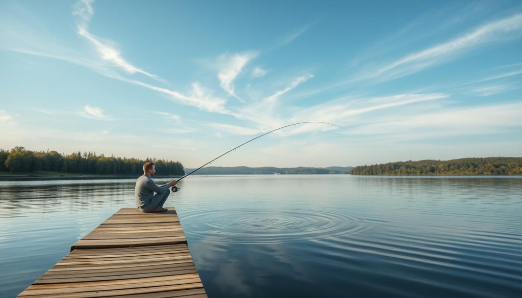 A tranquil lakeside scene, with a lone angler seated on a dock, gently casting a line into the calm, reflective waters. The air is crisp and serene, with wispy clouds drifting overhead, casting soft shadows across the scene. The angler's posture is relaxed, their gaze fixed on the gentle ripples in the water, exuding a sense of meditative focus. In the background, lush, verdant foliage lines the shore, creating a natural, earthy backdrop. The lighting is soft and diffused, creating a warm, contemplative atmosphere, inviting the viewer to immerse themselves in the tranquility of the moment.