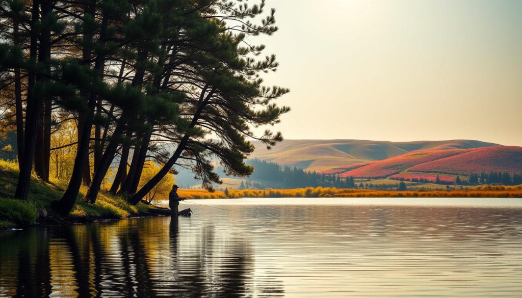A tranquil lakeside scene with a lone fisherman casting his line into the still waters, surrounded by a lush, verdant landscape. Towering pine trees line the shore, their branches casting dappled shadows on the surface. In the distance, rolling hills covered in vibrant wildflowers stretch out, creating a serene and picturesque backdrop. Warm, golden sunlight filters through the trees, illuminating the scene with a soft, natural glow. The overall atmosphere is one of peaceful solitude, where the harmony of nature and the simple act of fishing come together in perfect harmony.