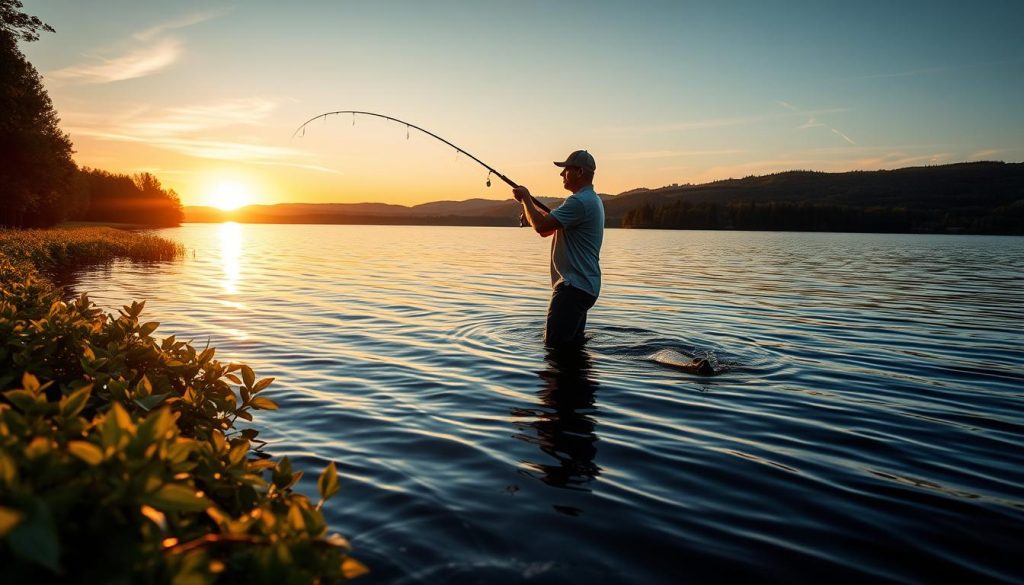 A tranquil lakeside scene with a skilled angler expertly casting a live bait rig, their silhouette accentuated by the warm glow of the setting sun. In the foreground, the rippling water reflects the vibrant colors of the evening sky, hinting at the presence of a fierce predator lurking below the surface. The middle ground features lush, verdant foliage lining the shore, creating a serene and inviting atmosphere. In the background, rolling hills and distant forests add depth and a sense of expansive wilderness, setting the stage for an immersive fishing experience. The overall composition emphasizes the advantages of live bait fishing for pike, capturing the thrill and challenge of targeting this formidable gamefish.