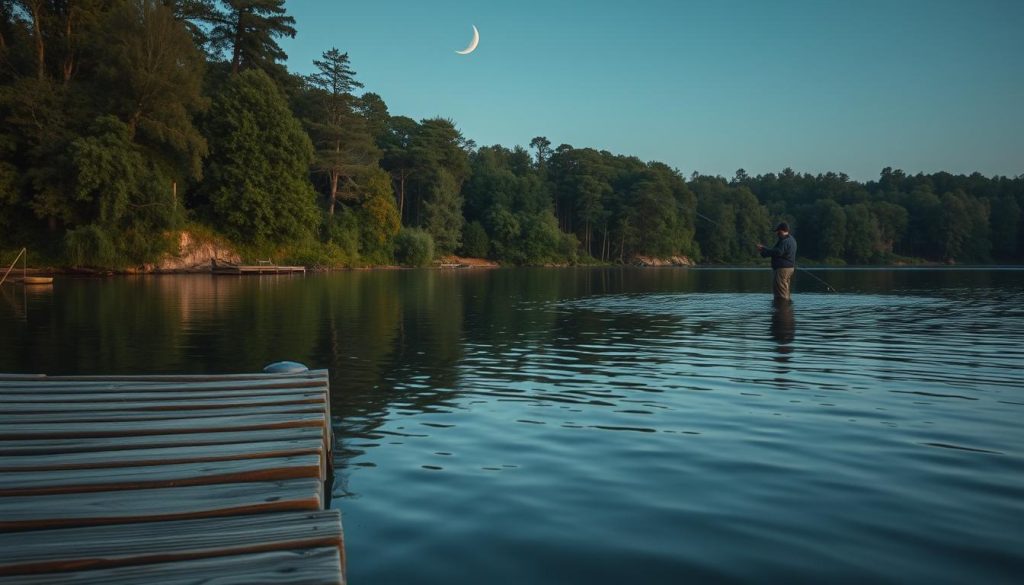 A tranquil lakeside setting, the perfect backdrop for a night of fishing. The foreground showcases a weathered wooden dock, its planks gently lapping against the still waters. In the middle ground, a skilled angler casts his line, eyes keenly focused on the surface for any sign of a lurking zander. The background is a tapestry of lush foliage, towering trees casting long shadows that dance across the surface. A crescent moon hangs overhead, its soft glow illuminating the scene in a warm, ethereal light. The air is crisp and calm, the only sounds the gentle lapping of the waves and the occasional rustling of leaves. This serene and inviting environment sets the stage for a successful night of zander fishing.