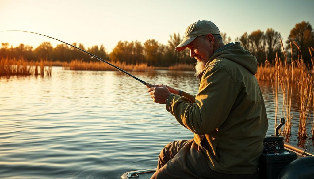 A tranquil lakeside setting, with a seasoned angler expertly navigating the waters, their weathered hands gently casting a line into the still, glimmering surface. The warm, golden hues of the afternoon sun bathe the scene, casting a serene glow over the reeds and gently swaying trees in the background. The angler's focused expression, their body poised with the grace of experience, conveys the thrill and patience inherent in the pursuit of trophy fish. The composition emphasizes the harmony between man and nature, capturing the essence of the "техники ловли" that make this sport so captivating.