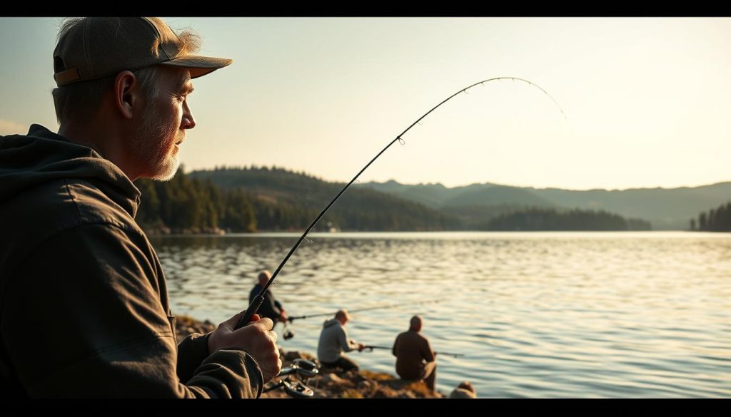 A tranquil lakeside setting, with a variety of fishing scenes unfolding. In the foreground, a fisherman casts his line, his face etched with concentration. Further back, a group of anglers patiently waiting, their rods poised over the still waters. The background reveals a picturesque landscape, with rolling hills, dense forests, and a clear sky above, bathed in warm, golden light. The scene evokes a sense of serene escapism, capturing the essence of diverse fishing experiences, from the thrill of the catch to the peaceful contemplation of nature.