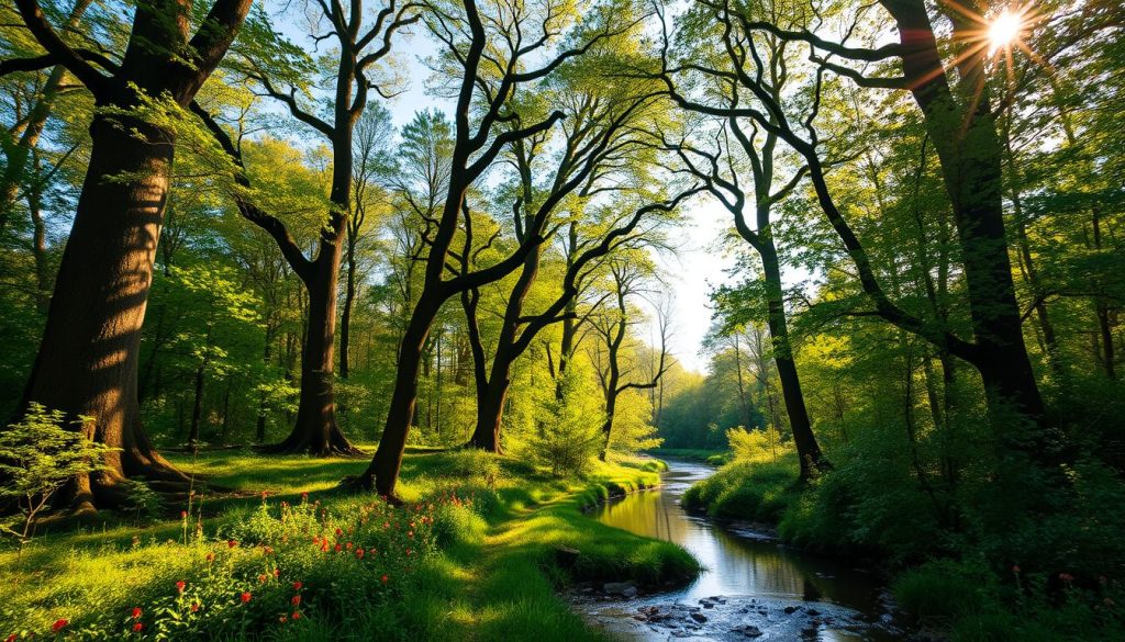A tranquil natural reserve nestled in the southern regions of Ukraine, with lush Gorgans and the Polissya Nature Reserve as its crown jewels. Towering ancient trees cast dappled shadows across a serene forest floor, where a gently meandering stream reflects the cloudless sky above. Vibrant wildflowers dot the undergrowth, while birds flit between the branches, their melodic calls echoing through the verdant canopy. Warm, golden light filters through the leaves, imbuing the scene with a sense of timeless tranquility. This is a haven for diverse flora and fauna, a true natural treasure waiting to be discovered.