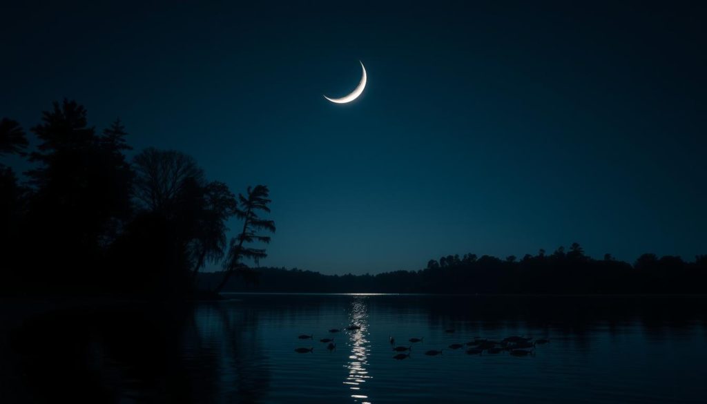 A tranquil night sky with a crescent moon casting a soft, silvery glow over a serene lake. The silhouettes of tall, swaying trees line the shore, their reflection rippling across the calm waters. In the foreground, a school of fish can be seen swimming gracefully, their movements in sync with the ebbing and flowing of the lunar cycles. The lighting is natural and atmospheric, creating a sense of harmony and balance between the celestial and earthly elements. The overall mood is one of calm, contemplation, and a deeper connection to the rhythms of nature.