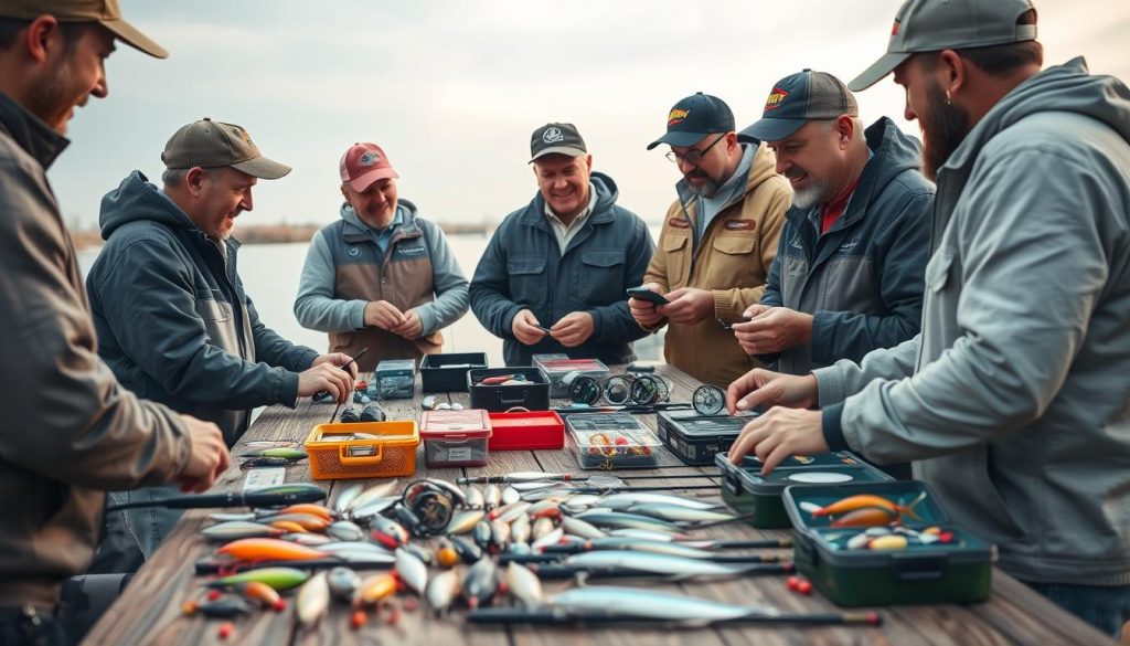 A tranquil outdoor setting, with a group of fishermen gathered around a wooden table, examining fishing gear and discussing techniques. The foreground features an assortment of lures, rods, and tackle boxes, arranged in a visually appealing composition. The middle ground showcases the participants, their faces animated with enthusiasm as they share insights and recommendations. In the background, a peaceful lake or river scene, with a soft, diffused lighting that creates a warm, inviting atmosphere. The overall tone is one of camaraderie, knowledge-sharing, and a deep appreciation for the art of fishing.