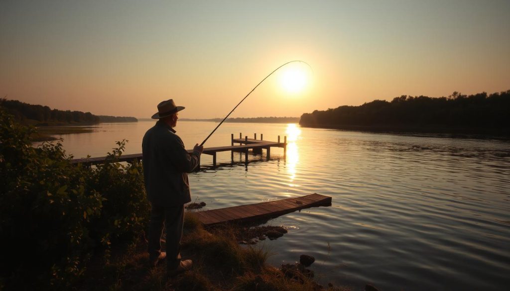 A tranquil river scene on the Dnieper, with a lone fisherman casting his line into the waters. The sun casts a warm glow over the landscape, illuminating the lush foliage along the riverbank. In the middle distance, a wooden dock stretches out, inviting the viewer to imagine the peaceful moments spent there. The fisherman, dressed in weathered attire, stands focused and serene, embodying the rhythm of the seasons and the timeless allure of this river. The image conveys a sense of harmony between man and nature, capturing the essence of seasonal fishing on the Dnieper.