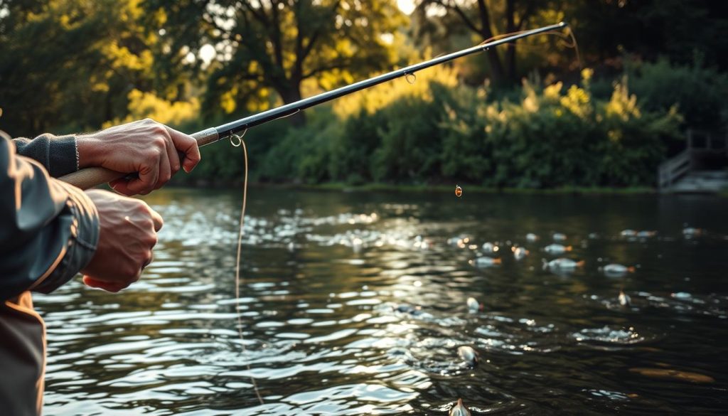 A tranquil river scene, with a fisherman expertly casting his line into the gently flowing waters. The foreground features the fisherman's weathered hands, the rod's graceful arc, and the subtle movements of the lure hitting the surface. The middle ground showcases the river's calm, reflective surface, with schools of fish visible beneath the surface. In the background, a lush, verdant riverbank provides a natural backdrop, with sunlight filtering through the trees and casting a warm, ambient glow. The composition is balanced, with the fisherman's focused attention and the river's serene beauty creating a sense of harmony and contemplation. The overall mood is one of peaceful concentration, inviting the viewer to immerse themselves in the moment and discover the secrets of successful river fishing.