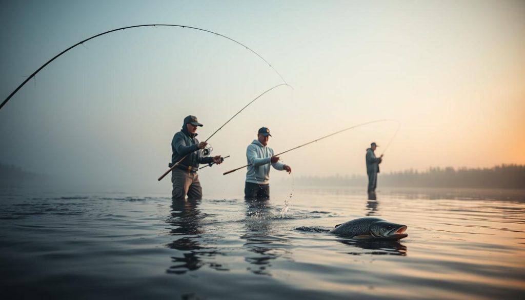 A tranquil river setting, with a focus on three distinct fishing techniques for pike, zander, and catfish. In the foreground, a skilled angler casts a lure, their line arcing gracefully through the air. In the middle ground, another angler skillfully plays a thrashing zander, their rod bent with the strain. In the background, a third angler waits patiently, their eyes scanning the still water for the telltale sign of a catfish's movement. Soft, diffused lighting illuminates the scene, casting a serene and contemplative atmosphere. The composition is balanced, with each element complementing the others, creating a visually striking and informative image.