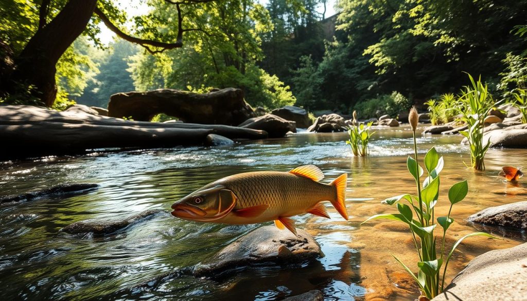 A tranquil riverine ecosystem, with a gently flowing stream winding through a lush, verdant landscape. Submerged logs and rocky outcroppings create a diverse habitat for the majestic zander (Sander lucioperca), also known as the European perch. Dappled sunlight filters through the overhanging foliage, casting a warm, golden glow across the scene. Aquatic plants sway in the current, providing shelter and sustenance for the zander and other denizens of this vibrant aquatic community. The image captures the serene and dynamic nature of the zander's natural environment, showcasing the intricate balance of this freshwater ecosystem.