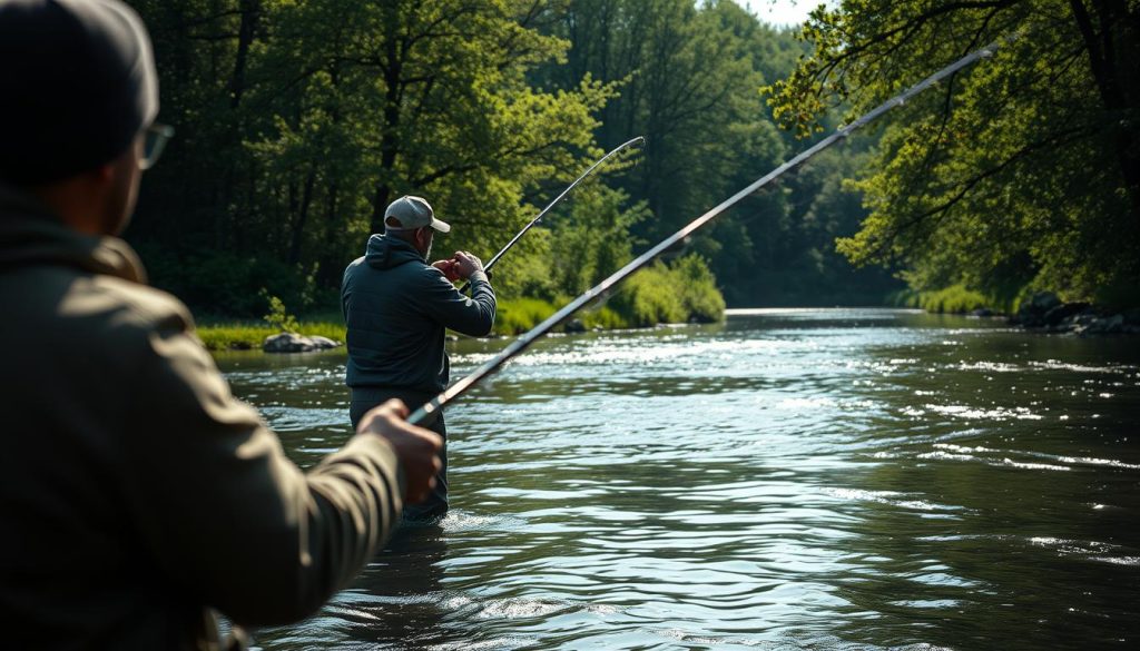 A tranquil spring scene of pike fishing. In the foreground, a skilled angler casts a lure, lines taut with anticipation. The middle ground reveals a rippling river, its surface reflecting the verdant foliage of the riverbanks. In the background, a lush, verdant forest frames the scene, dappled sunlight filtering through the canopy. The atmosphere is one of quiet focus and the thrill of the hunt, as the angler waits for the tell-tale strike of a hungry pike. Crisp, cinematic lighting captures the drama of the moment, the angler's stance and the bend of the rod conveying a sense of mastery over this ancient art.