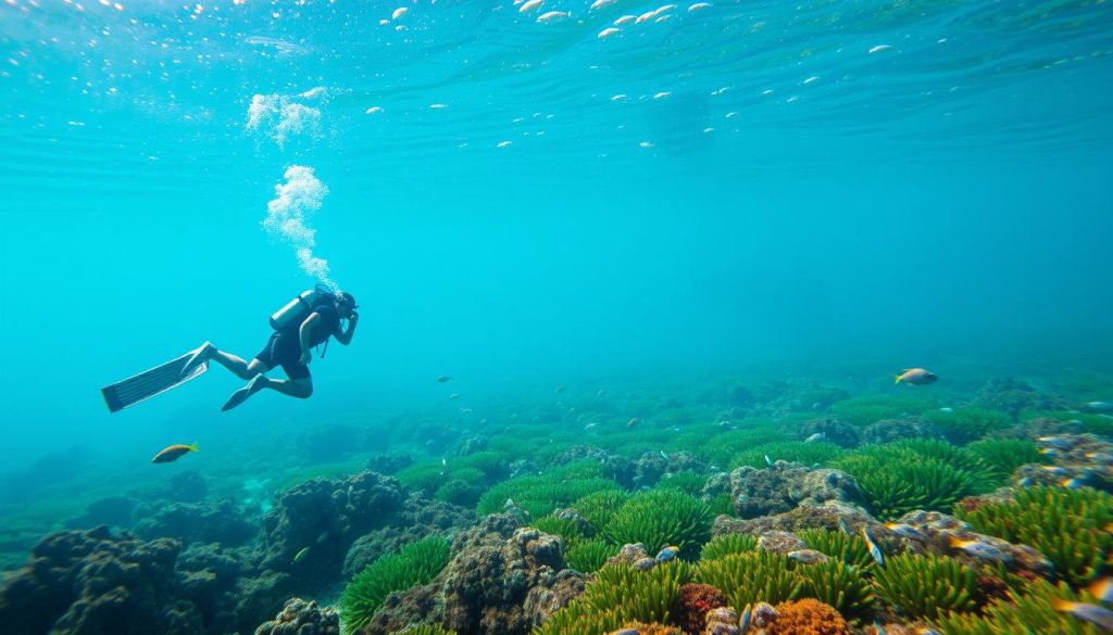 A tranquil underwater scene, illuminated by soft, natural light filtering through the crystal-clear waters. In the foreground, a diver gracefully navigates the marine environment, their movements fluid and respectful, maintaining a harmonious coexistence with the diverse array of aquatic life surrounding them. The middle ground reveals a vibrant, thriving ecosystem, with schools of colorful fish darting between coral formations and lush seagrass beds. In the background, the gentle undulations of the seafloor and the distant silhouettes of larger marine creatures convey a sense of balance and ecological equilibrium. The overall mood is one of serenity, conservation, and the delicate dance between human activity and the natural wonders of the underwater world.