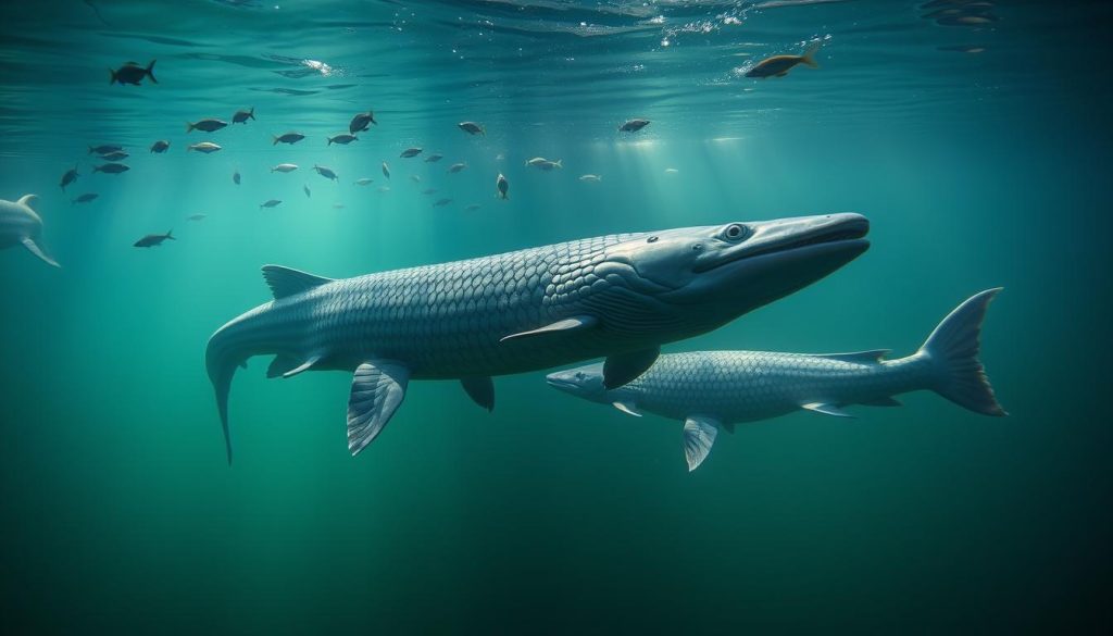 A tranquil underwater scene showcasing the ancient majesty of sturgeon fish swimming gracefully in the depths of Ukraine's waterways. Towering sturgeons, their armored scales glimmering in the soft, ethereal lighting, glide effortlessly through the murky, verdant waters, painting a captivating portrait of these primordial giants. A school of smaller fish dart around the majestic sturgeon, creating a mesmerizing dance of life. The serene, almost mystical atmosphere evokes a sense of timelessness, transporting the viewer to a realm where these prehistoric creatures have reigned for millennia. Capturing the essence of Ukraine's unique ichthyological heritage, this image embodies the majesty and wonder of the sturgeon, the ancient guardians of the nation's aquatic realms.