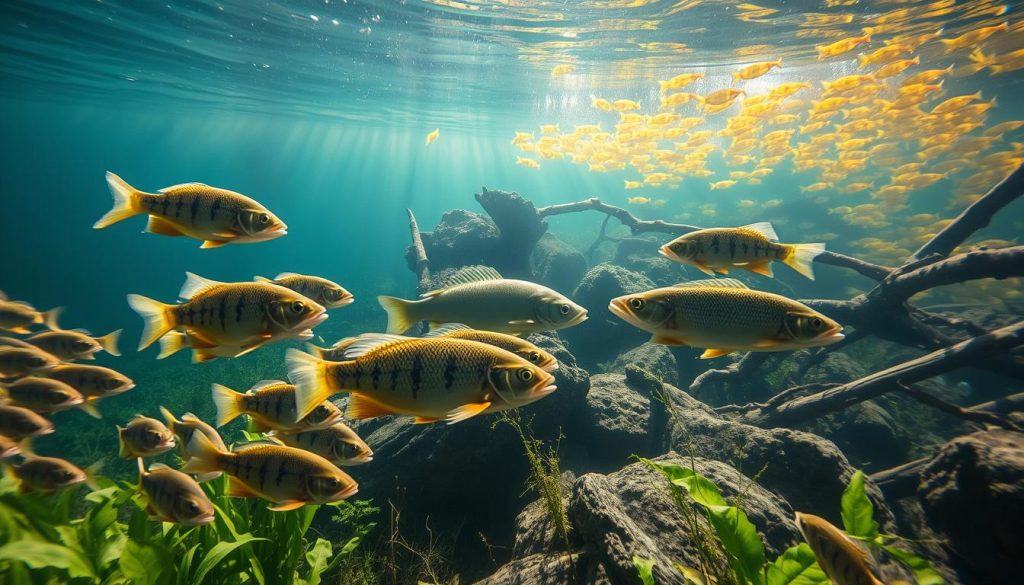 A tranquil underwater scene showcasing the ecological relationships between various freshwater fish species. In the foreground, a school of vibrant, iridescent Roach (Rutilus rutilus) swim gracefully amongst lush aquatic vegetation. In the middle ground, a regal Northern Pike (Esox lucius) lies in wait, its sharp predatory gaze fixed on the smaller fish. Nearby, a Perch (Perca fluviatilis) patrols the rocky substrate, its distinctive striped pattern reflecting the dappled sunlight filtering through the crystal-clear water. In the background, clusters of Yellow Crucian Carp (Carassius carassius) dart between submerged logs and branches, creating a dynamic, natural ecosystem. Realistic lighting and depth of field emphasize the tranquility and balance of this interconnected aquatic community.