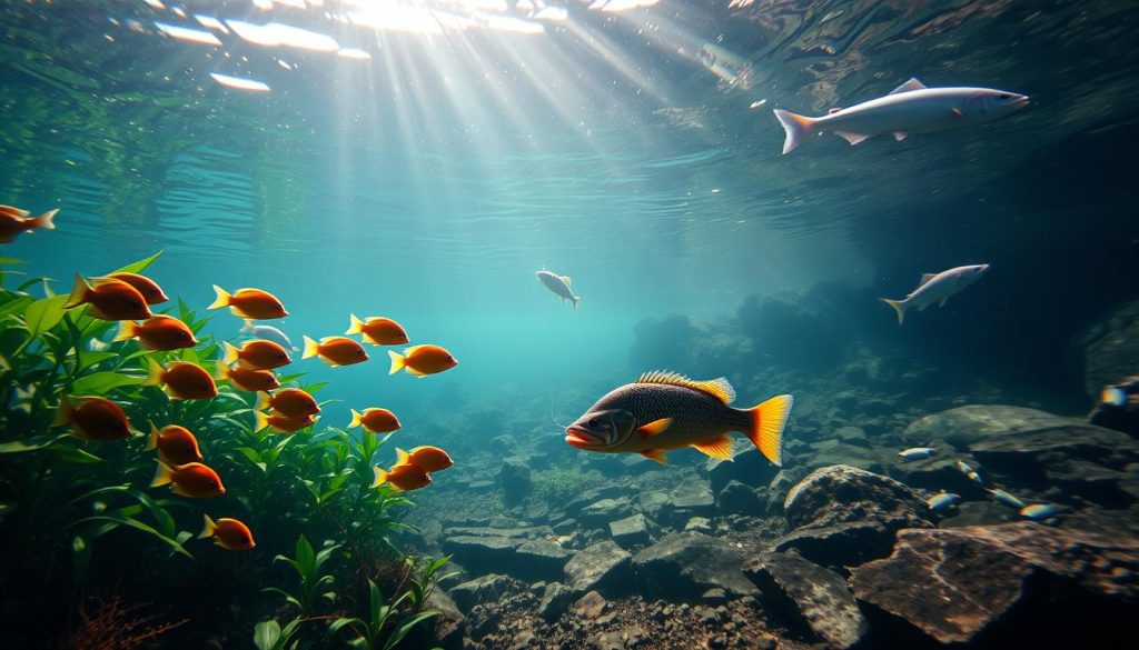 A tranquil underwater scene showcasing the natural behaviors of fish in various aquatic environments. In the foreground, a school of vibrant tropical fish gracefully swimming amid lush underwater vegetation. In the middle ground, a solitary bass delicately foraging for prey along the rocky riverbed. In the distant background, a group of salmon effortlessly navigating the currents of a picturesque mountain stream, with shafts of soft, diffused natural lighting filtering down from the surface. The overall mood is serene and captivating, inviting the viewer to observe the intricate and fascinating world of fish in their natural habitats.