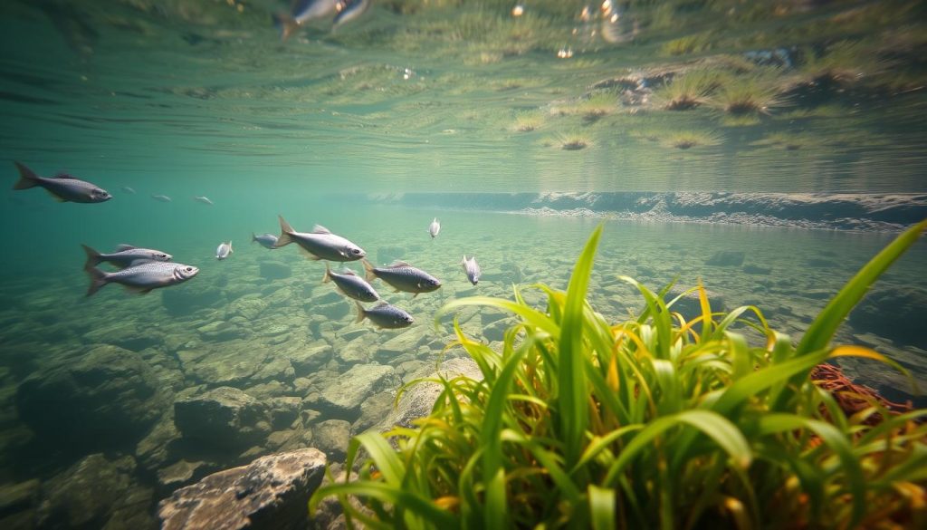 A tranquil underwater scene showcasing the natural habitat of freshwater fish. In the foreground, a lush aquatic plant bed sways gently, providing shelter and feeding grounds for a school of silvery cyprinid fish. The middle ground features a rocky riverbed, with sunlight filtering through the clear, slightly tinted water. In the background, a sloping shoreline is dotted with reeds and grasses, hinting at the transition between the aquatic and terrestrial environments. The lighting is soft and natural, creating a serene, immersive atmosphere. Captured with a wide-angle lens to accentuate the depth and expansiveness of the scene.