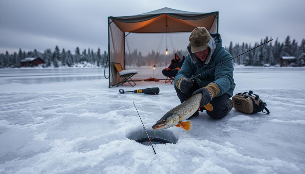 A tranquil winter lake, its surface cloaked in a crystalline layer of ice. In the foreground, an ice angler carefully lowers a lure into a meticulously drilled hole, their gaze intent as they sense the subtle movements of their quarry, the mighty northern pike. The middle ground reveals the angler's setup - a sturdy ice shelter, a cozy seat, and an array of specialized pike fishing gear. The background is a picturesque winterscape, with snow-dusted trees and a muted, overcast sky, lending an air of serene focus to the scene. Soft, diffused natural lighting illuminates the tableau, capturing the quiet anticipation of the winter pike hunt.