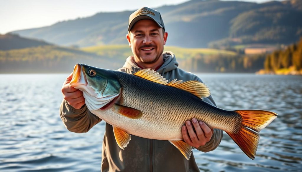 A triumphant fisherman proudly holding a large, glistening catch against the backdrop of a serene lakeside setting. Midmorning sunlight casts a warm glow, accentuating the determination in the fisherman's expression. In the distance, rolling hills and verdant forests create a picturesque landscape, evoking a sense of peaceful tranquility. The composition emphasizes the fisherman's victory, with the bountiful catch taking center stage and symbolizing the thrill of success. The overall scene radiates a feeling of inspiration and accomplishment, capturing the essence of "inspirational wins" for avid anglers.