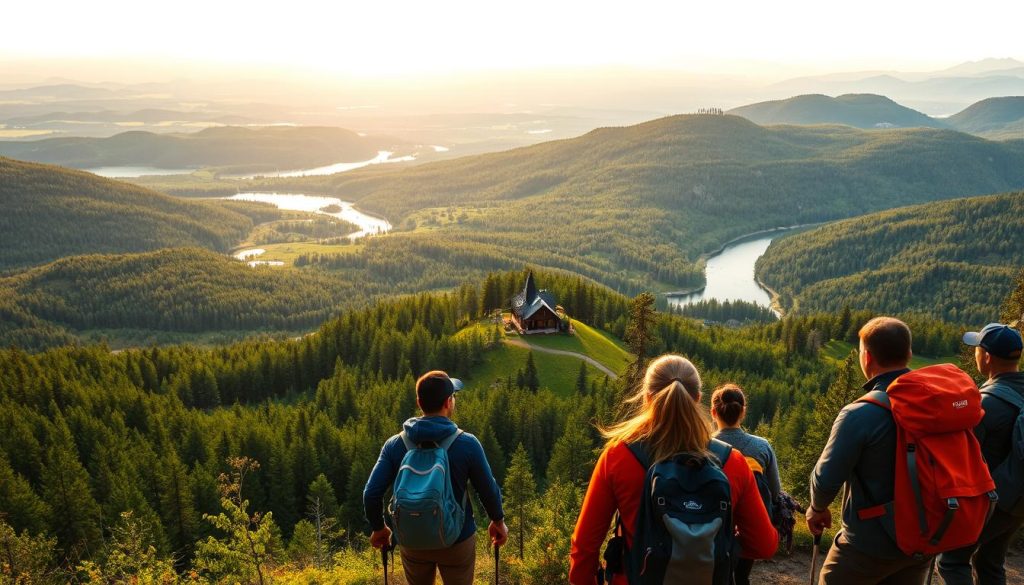 A vast expanse of lush, verdant landscapes unfolds, dotted with serene lakes and winding rivers. In the foreground, a group of hikers, their backpacks and hiking gear reflecting the warm, golden tones of the sun. In the middle ground, a picturesque cabin nestled among the trees, a testament to the region's commitment to sustainable ecotourism. The background is a panoramic vista of rolling hills, forests, and distant mountain peaks, bathed in a soft, diffused light that creates a sense of tranquility and natural harmony. The scene conveys the beauty, serenity, and environmental preservation that characterize the popular ecotourism destinations in Ukraine.