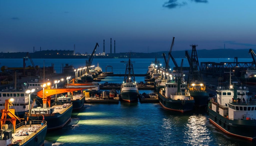 A vast industrial fishing port at dusk, with massive ships and trawlers docked along the quayside. Bright floodlights illuminate the bustling activity, as crews load their catches onto conveyor belts and cranes. In the background, a distant horizon of towering smokestacks and warehouses, casting long shadows across the rippling water. The scene conveys the scale and mechanization of commercial fishing, the laborious yet efficient processes that bring the bounty of the sea to market. The mood is one of productivity and economic might, underscoring the legal and regulatory frameworks that govern this vital industry.