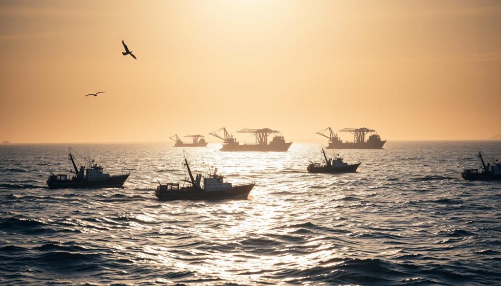 A vast seascape with fishing vessels trawling the open waters, their hulls cutting through the gentle swells. In the distance, silhouetted against the horizon, industrial fishing platforms loom, their gantry cranes and processing facilities bustling with activity. The sky is a blend of warm hues, the sun's rays glinting off the waves, creating a shimmering, reflective surface. Seabirds soar overhead, adding a sense of movement and life to the scene. The atmosphere is one of industrious productivity, a testament to the scale and efficiency of commercial fishing operations beyond the borders of Ukraine.