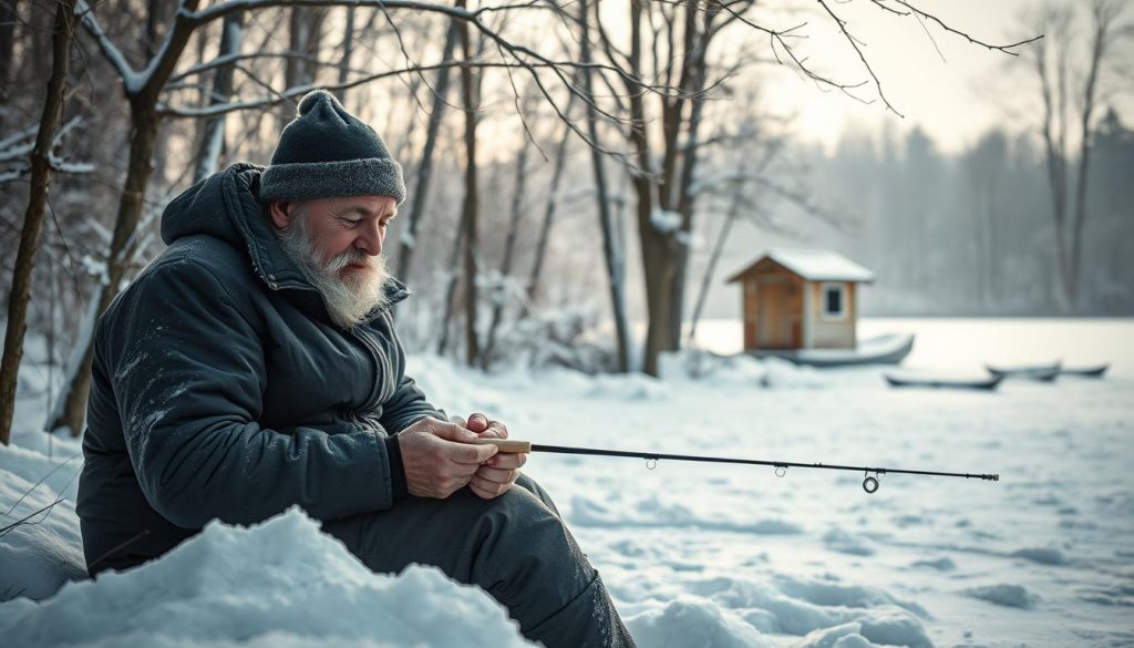 A veteran fisherman sits in a snow-covered forest, surrounded by the tranquil beauty of a frozen lake. He meticulously inspects his fishing equipment, his weathered face exuding a lifetime of experience. The soft, diffused light filters through the bare tree branches, casting gentle shadows across the scene. In the distance, a lone ice fishing hut stands as a testament to the dedication and skill of those who brave the winter elements. The overall atmosphere conveys a sense of contemplation and reverence for the lessons learned through countless hours on the ice, ready to be shared with aspiring anglers.
