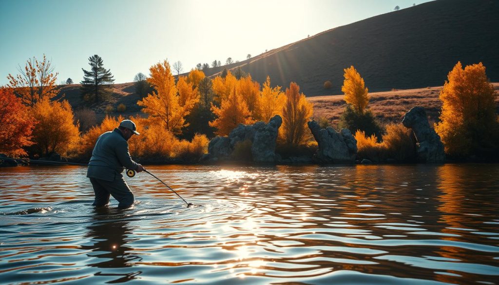 A vibrant autumn landscape, with a serene lake reflecting the golden hues of the surrounding trees. In the foreground, an experienced angler stands knee-deep in the water, casting a lure into the rippling surface. The sun's warm rays illuminate the scene, casting a soft, natural light that highlights the details of the fisherman's gear and the subtle movements of the water. In the middle ground, a mix of lush foliage and rocky outcroppings frame the action, creating a sense of depth and perspective. The background features a gently rolling hillside, dotted with more autumnal trees, lending a sense of tranquility and seclusion to the setting. The overall atmosphere conveys the seasonal nature of the jig fishing experience, capturing the essence of the "Сезонные особенности ловли на джиг" section.