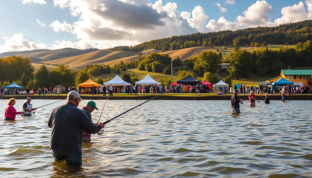 A vibrant outdoor scene of a popular fishing competition, capturing the thrill and camaraderie of the event. In the foreground, anglers of all skill levels stand knee-deep in a picturesque lake, their lines cast with concentration. The middle ground showcases colorful tents and gazebos, where spectators and organizers gather, adding to the lively atmosphere. In the background, rolling hills and lush foliage frame the serene landscape, bathed in warm, golden sunlight that filters through the clouds. The scene exudes a sense of excitement and community, as the anglers compete for the coveted prizes while enjoying the natural beauty of the setting.